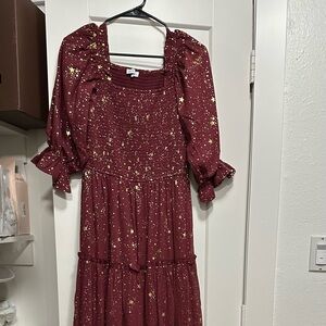 IVY CITY CO Burgundy Dress with Gold Star Pattern